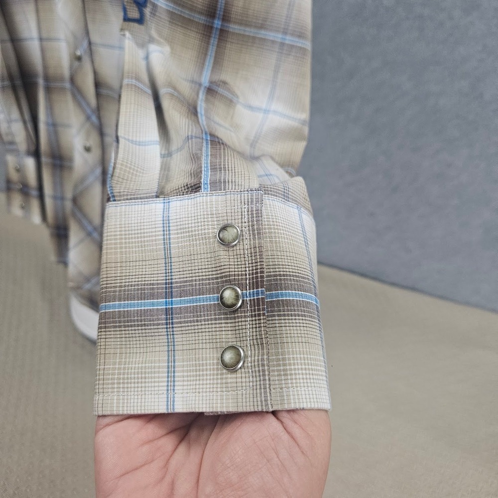 Wrangler Mens Plaid Western Pearl Snap Shirt Embroidered Rodeo Tan Blue L - Picture 10 of 16